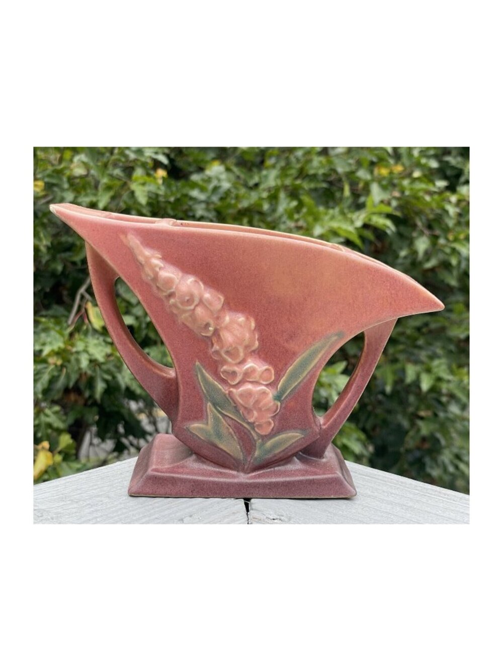 Roseville 5" Pink Foxglove Cornucopia #165-5 Handled Divided Vase ca. 1942